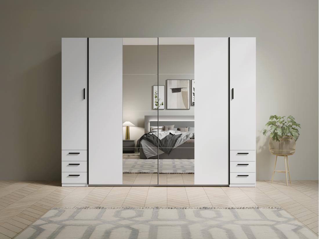 vente unique Armoire avec 6 tiroirs et 4 portes - Avec miroir - L270 cm - Blanc - ARVOLIA