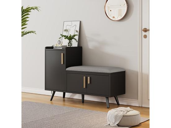 Vente Unique Armoire Banc à Chaussures Avec Trois Portes De Rangement Avec Poignées Métalliques Asymétriques Noir