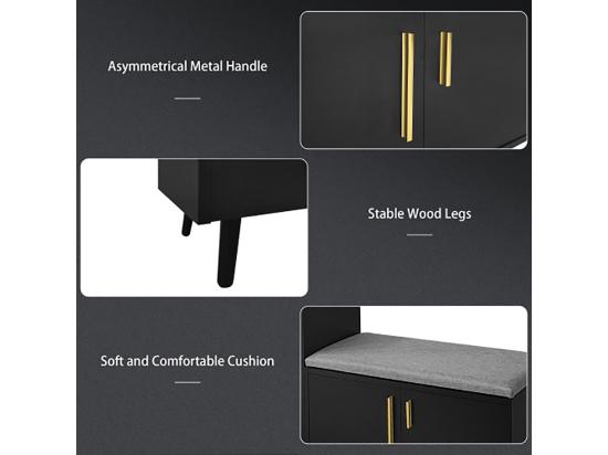 Vente Unique Armoire Banc à Chaussures Avec Trois Portes De Rangement Avec Poignées Métalliques Asymétriques Noir