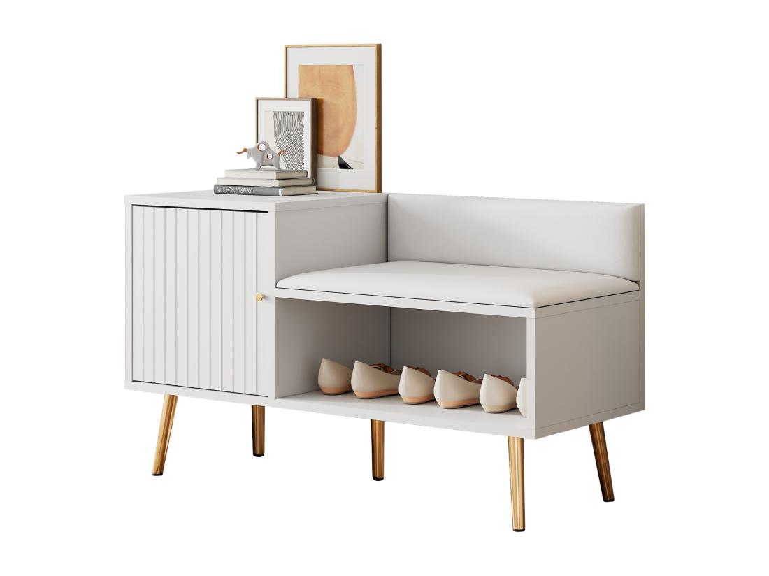 Vente Unique Armoire Banc à Chaussures Avec Trois Portes De Rangement Avec Poignées Métalliques Asymétriques Blanc