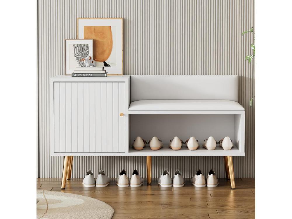Vente Unique Armoire Banc à Chaussures Avec Trois Portes De Rangement Avec Poignées Métalliques Asymétriques Blanc