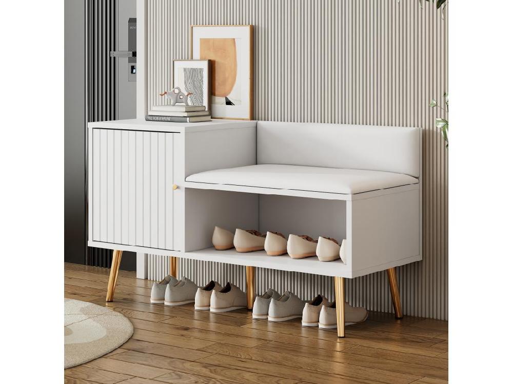 vente unique Armoire Banc à chaussures avec trois portes de rangement Avec poignées métalliques asymétriques Blanc