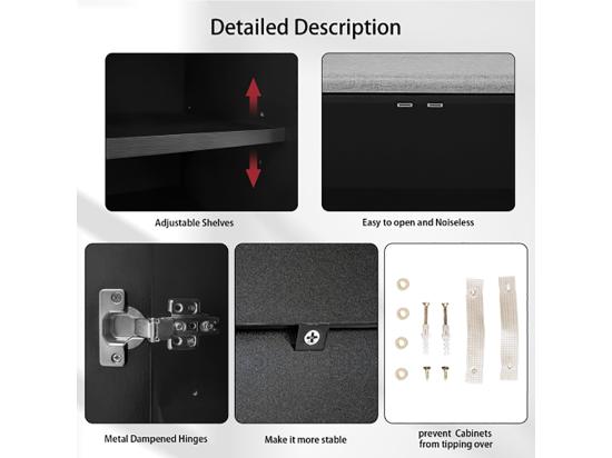 vente unique Armoire Banc à chaussures avec trois portes de rangement Avec poignées métalliques asymétriques Noir