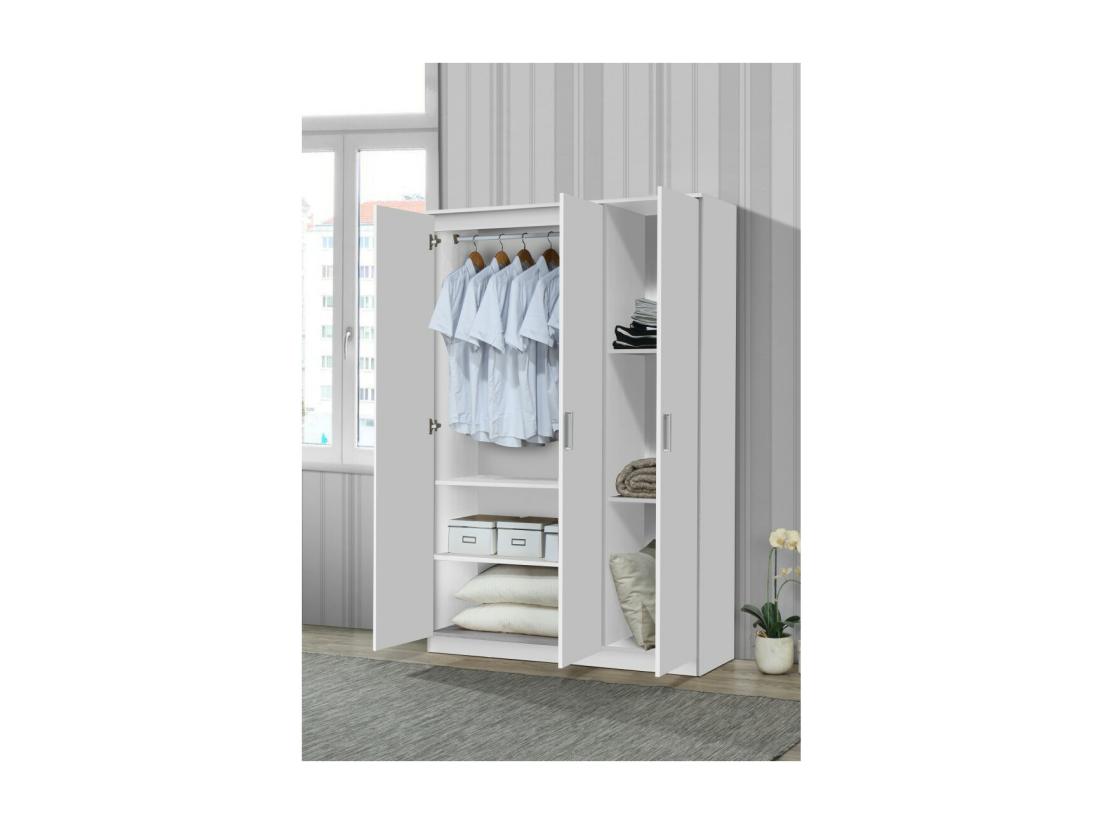 Vente Unique Armoire BURDUR 3 Portes Blanche Poignées Grises Style Contemporain