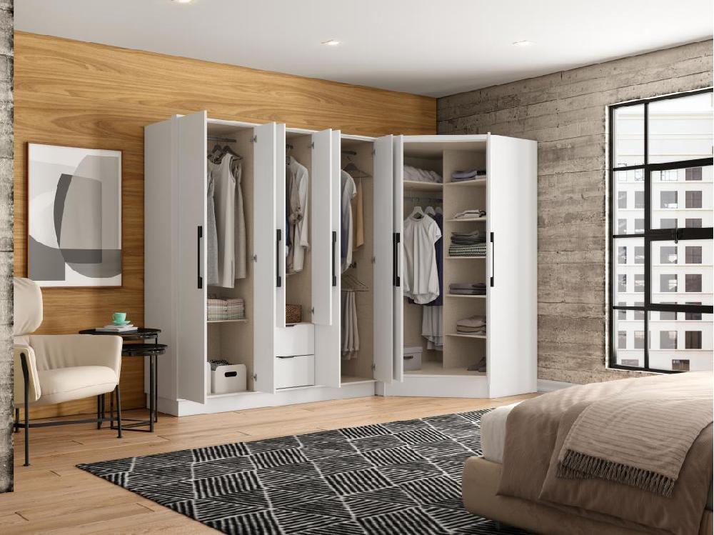 Vente Unique Armoire D'angle 8 Portes Et 2 Tiroirs - L263 Cm - Blanc - FEOVA