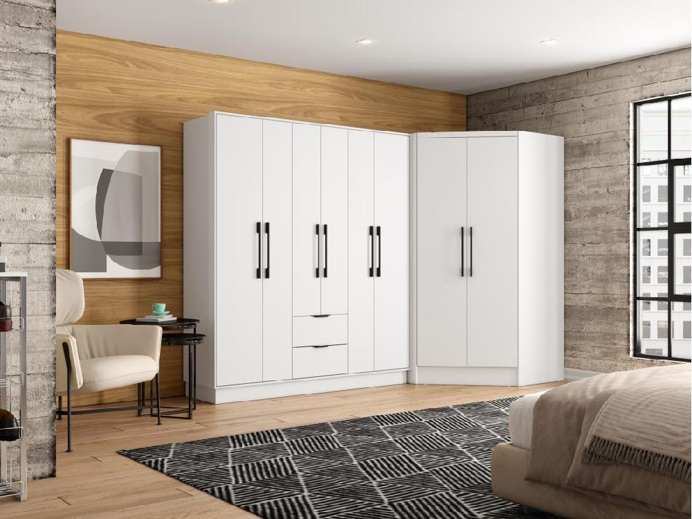 vente unique Armoire d'angle 8 portes et 2 tiroirs - L263 cm - Blanc - FEOVA