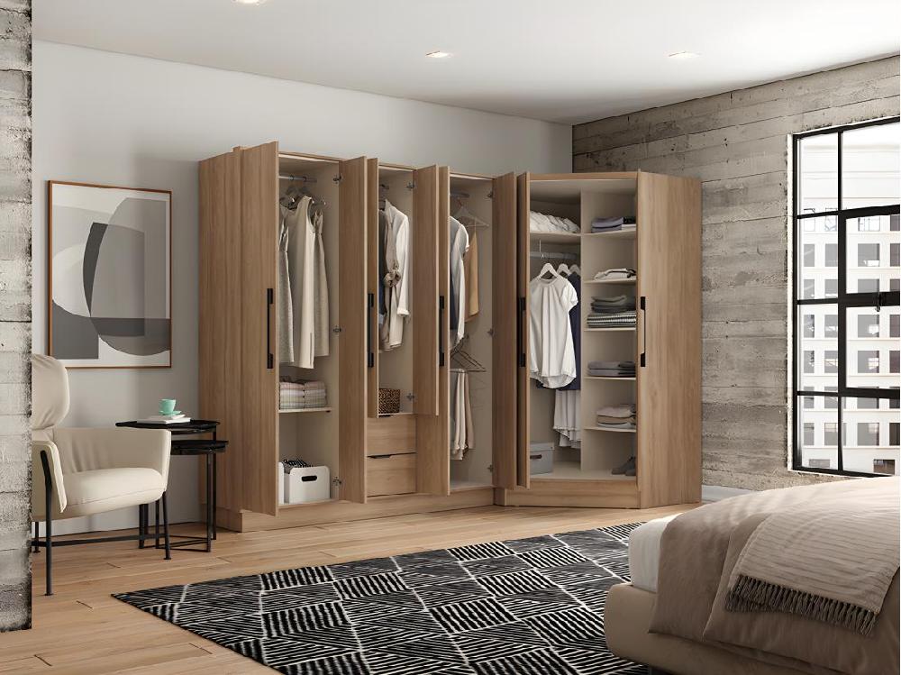 Vente Unique Armoire D'angle 8 Portes Et 2 Tiroirs - L263 Cm - Coloris : Naturel - FEOVA