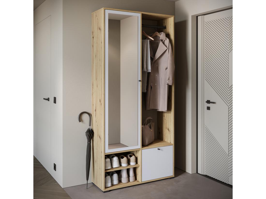Vente Unique Armoire D'entrée Avec Miroir étagères Et Placard Chêne Artisan/blanc
