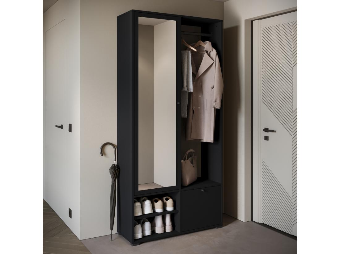 Vente Unique Armoire D'entrée Avec Miroir étagères Et Placard Couleur Noir
