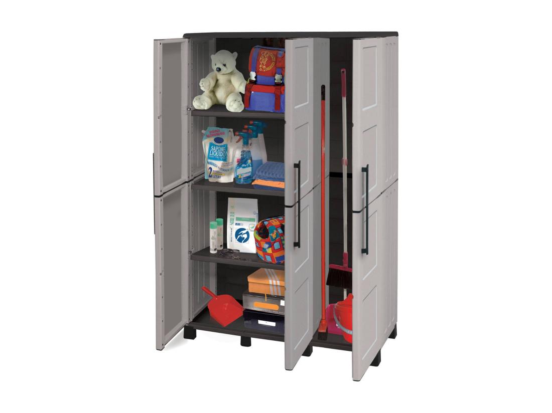 Vente Unique Armoire D'extérieur Nandrin Armoire à Balais Armoire D'extérieur 3 Portes 100% Made In Italy 102x37h169 Cm Gris Clair Et Noir Finition Damier