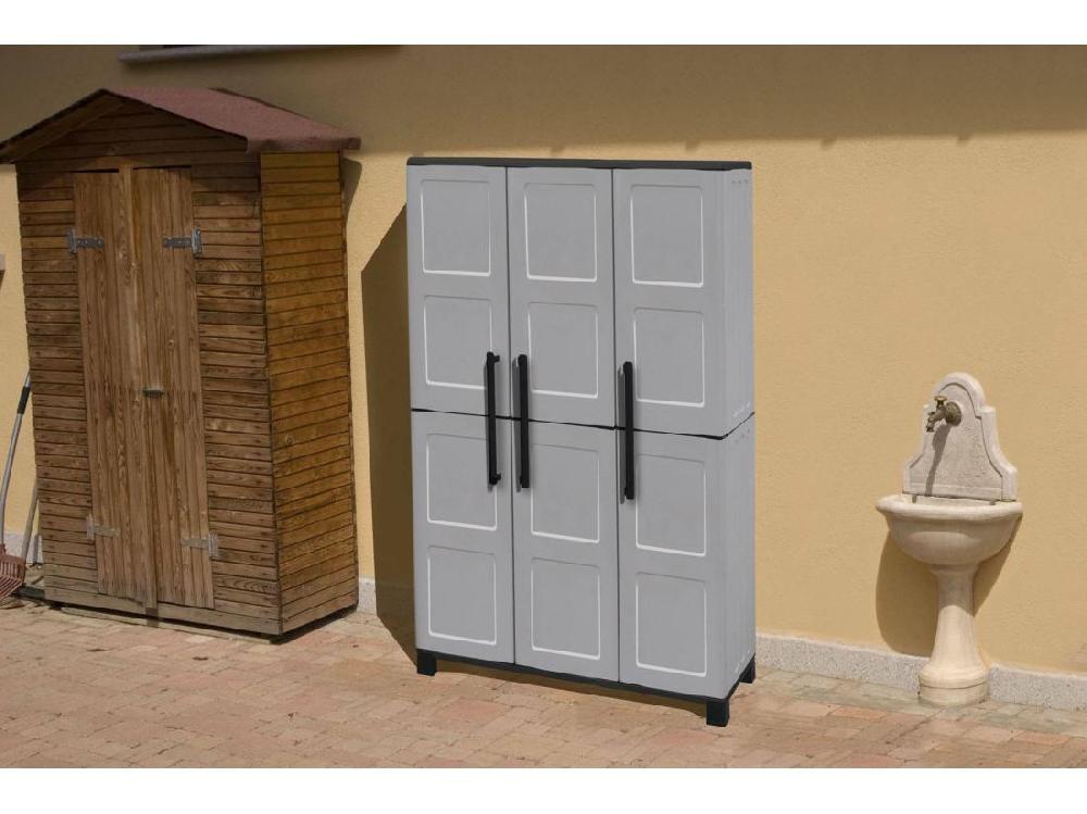Vente Unique Armoire D'extérieur Nandrin Armoire à Balais Armoire D'extérieur 3 Portes 100% Made In Italy 102x37h169 Cm Gris Clair Et Noir Finition Damier