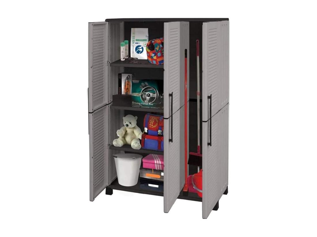 Vente Unique Armoire D'extérieur Nandrin Armoire Porte-balai Armoire D'extérieur 3 Portes 100% Made In Italy 102x37h169 Cm Gris Clair Et Noir Finition Rayée