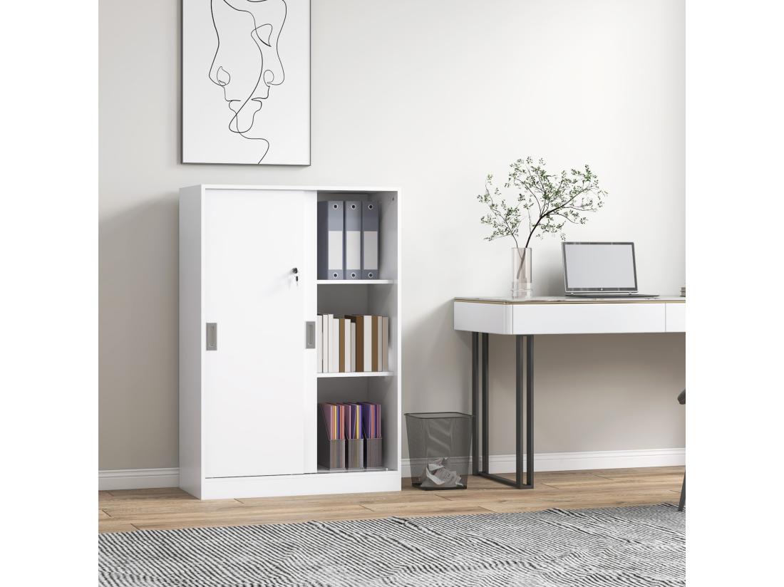 Vente Unique Armoire De Bureau 2 Portes Coulissantes Verrouillables Dim. 80L X 40l X 120H Cm 2 étagères Panneaux Particules Blanc