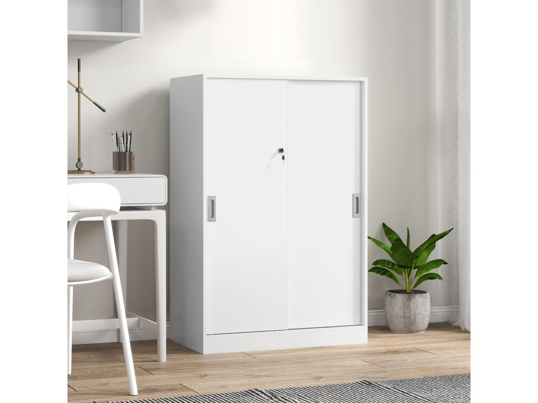 Vente Unique Armoire De Bureau 2 Portes Coulissantes Verrouillables Dim. 80L X 40l X 120H Cm 2 étagères Panneaux Particules Blanc