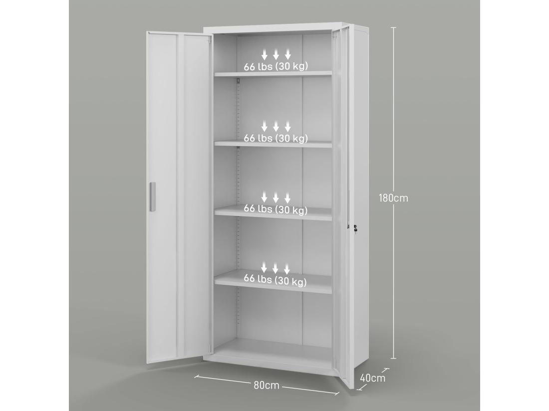 Vente Unique Armoire De Bureau Verrouillable 2 Portes - 4 étagères Réglables 2 Clés - Acier Laminé à Froid Blanc
