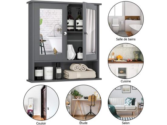 Vente Unique Armoire De De Salle De Bain Avec Miroir Meuble Rangement Avec 3 Etagères Et 2 Portes 56 5 X 13 X 58 5 Cm Gris