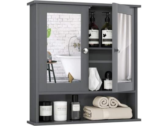Vente Unique Armoire De De Salle De Bain Avec Miroir Meuble Rangement Avec 3 Etagères Et 2 Portes 56 5 X 13 X 58 5 Cm Gris