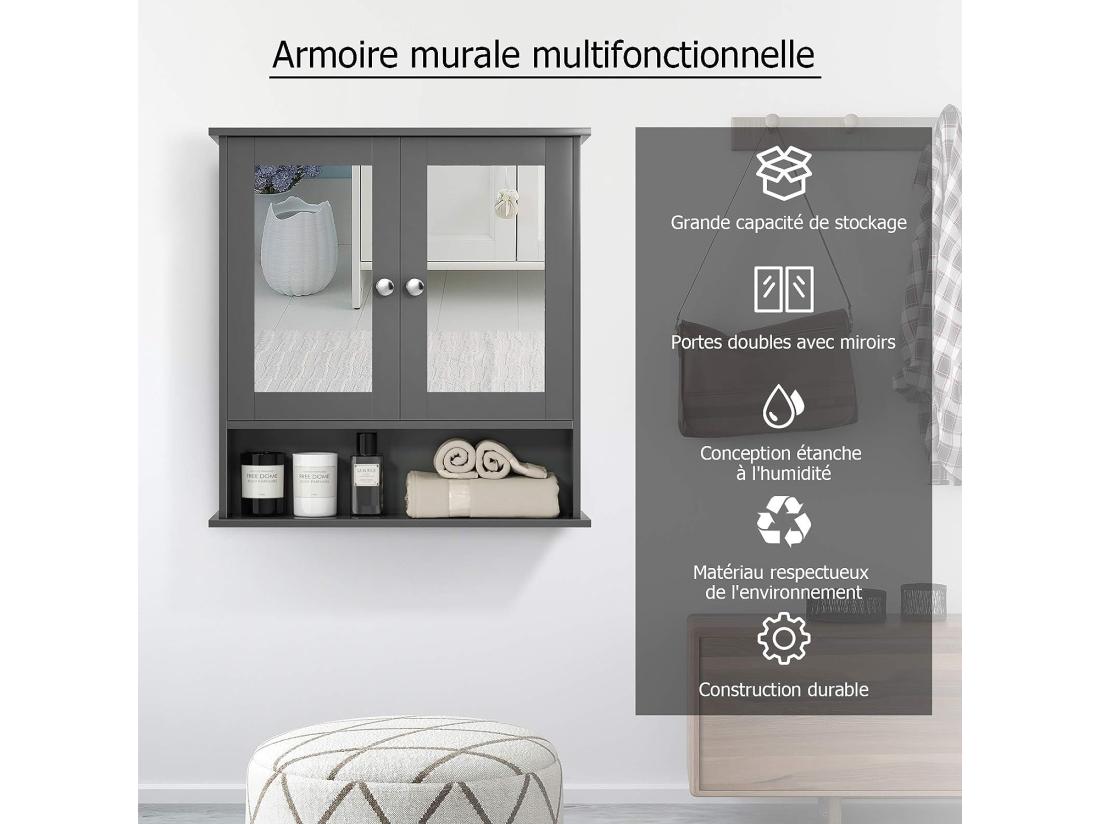 Vente Unique Armoire De De Salle De Bain Avec Miroir Meuble Rangement Avec 3 Etagères Et 2 Portes 56 5 X 13 X 58 5 Cm Gris