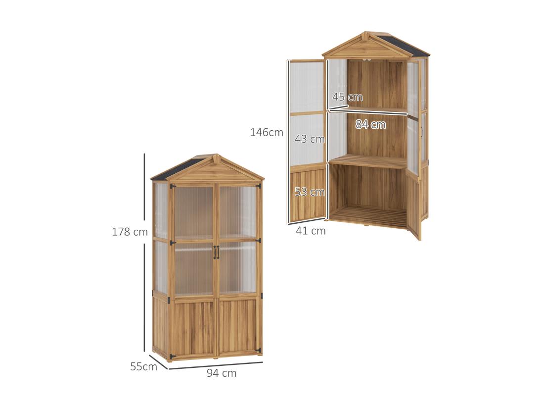 Vente Unique Armoire De Jardin En Bois - 2 Portes 2 étagères Toit Bitumé - Dim. 94 X 55 X 178 Cm - Sapin Pré-huilé Polycarbonate