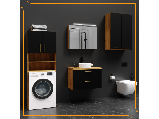 Vente Unique Armoire De Salle De Bain Suspendue 60 Cm Au-dessus De L'évier Pour Machine à Laver Étagères Chêne Craft Noir