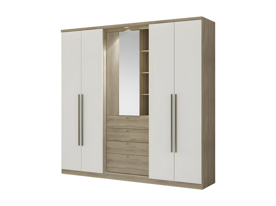 Vente Unique Armoire ISAK II - 4 Portes - Miroir Et Tiroirs - L240 Cm - Chêne Et Ivoire