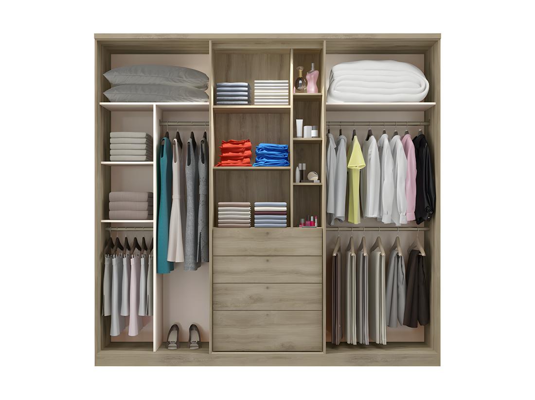 Vente Unique Armoire ISAK II - 4 Portes - Miroir Et Tiroirs - L240 Cm - Chêne Et Ivoire