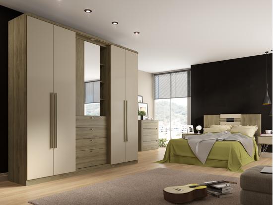vente unique Armoire ISAK II - 4 portes - Miroir et tiroirs - L240 cm - Chêne et ivoire