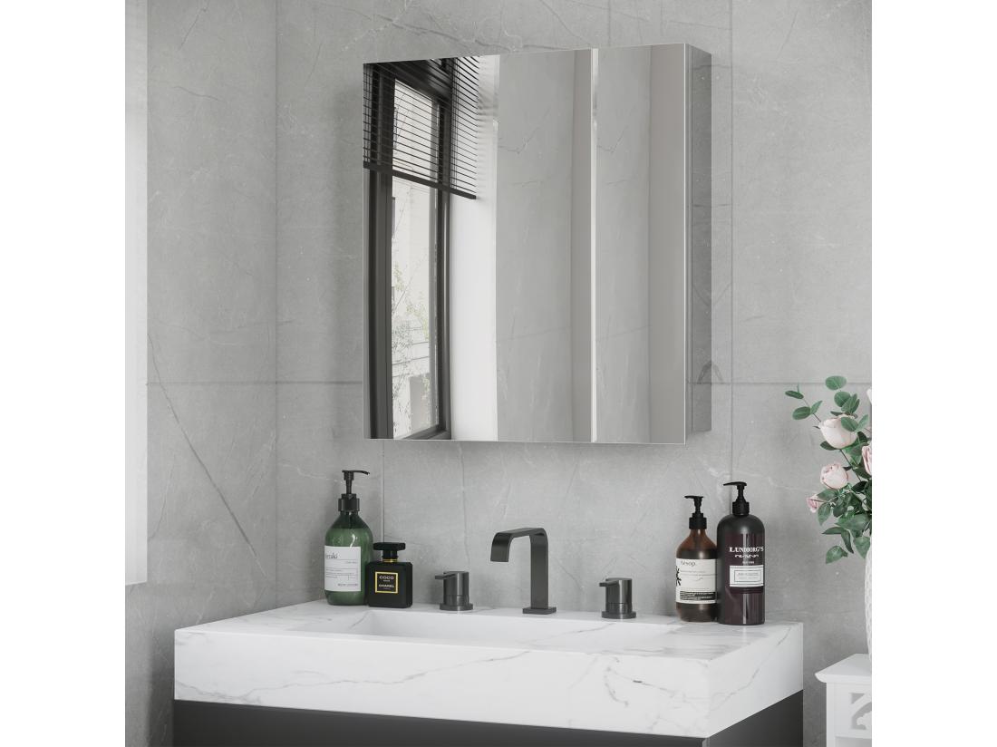 Vente Unique Armoire Miroir 2 Portes 2 étagères - Rangement Toilette Salle De Bain - Meuble Mural Acier Inox