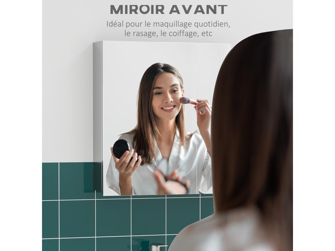 Vente Unique Armoire Miroir 2 Portes 2 étagères - Rangement Toilette Salle De Bain - Meuble Mural Acier Inox