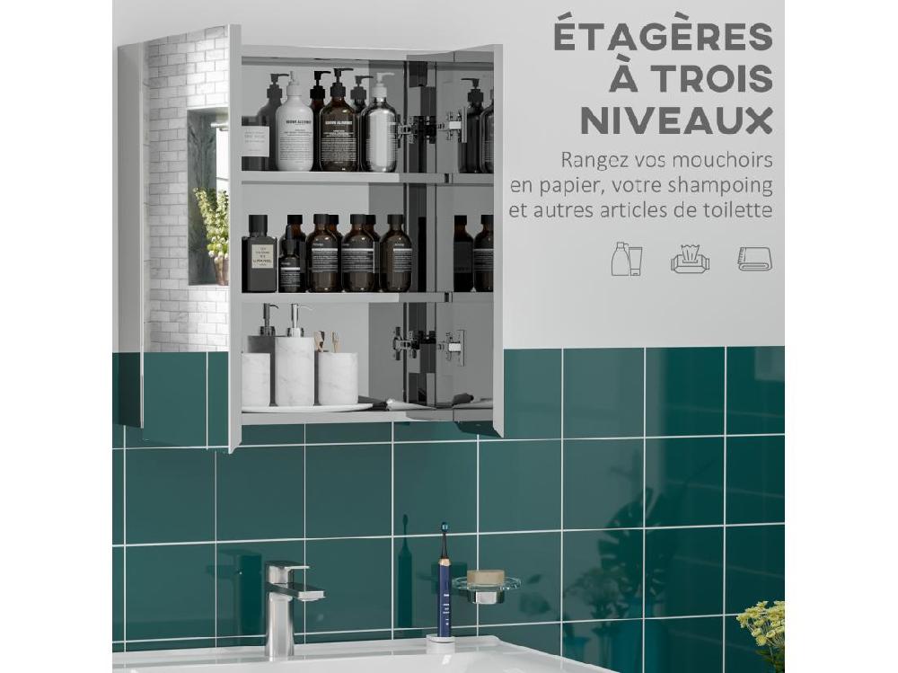 Vente Unique Armoire Miroir 2 Portes 2 étagères - Rangement Toilette Salle De Bain - Meuble Mural Acier Inox