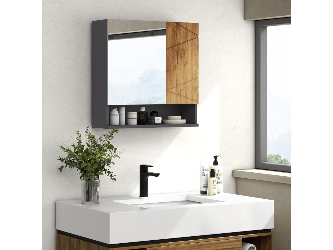 Vente Unique Armoire Miroir De Salle De Bain - 2 Portes 2 étagères Niche - Anthracite Aspect Bois