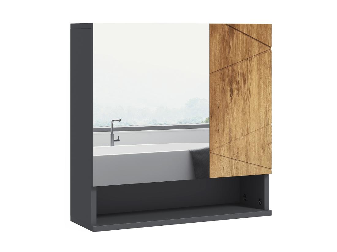 vente unique Armoire miroir de salle de bain - 2 portes 2 étagères niche - anthracite aspect bois