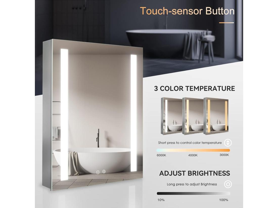 Vente Unique Armoire Miroir De Salle De Bain 3 Couleurs Réglable Avec LED Et USB Douille 45x60x13cm