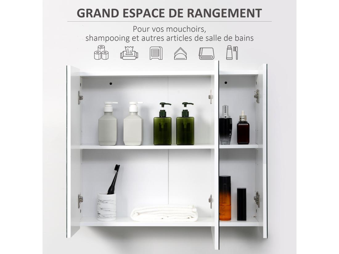Vente Unique Armoire Miroir De Salle De Bain Armoire Murale 3 Portes 2 étagères Dim. 70L X 15l X 60H Cm MDF Blanc