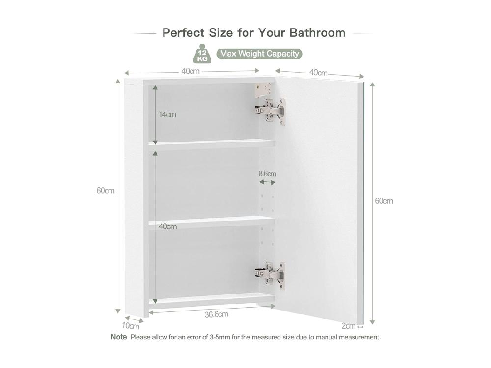 Vente Unique Armoire Miroir De Salle De Bain Armoire Murale Avec Miroir - 3 Étagères - 60x40x12cm - Blanc