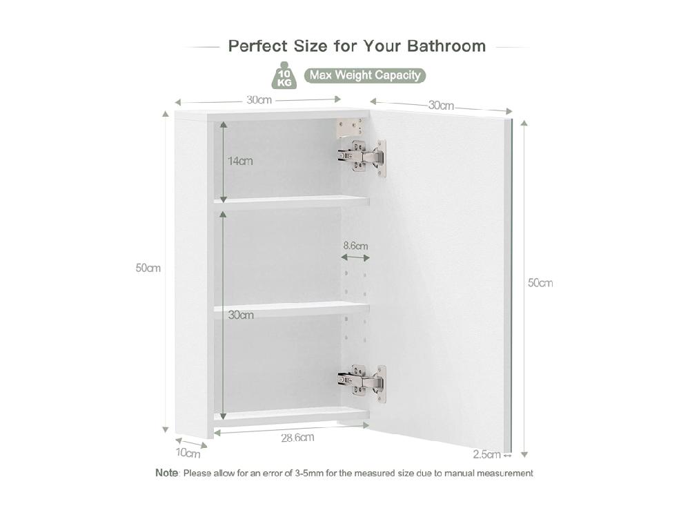 Vente Unique Armoire Miroir De Salle De Bain Armoire Murale Avec Miroir - 3 Étagères - 50x30x12cm - Blanc