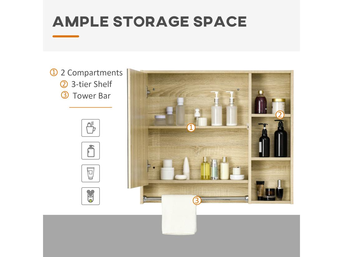 Vente Unique Armoire Miroir Murale De Salle De Bain - Porte 2 étagères 3 Niches Porte-serviette - Aspect Bois Clair