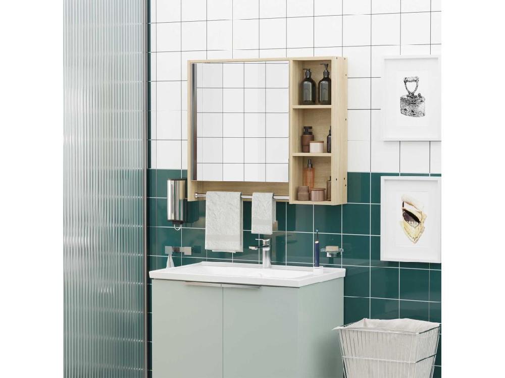 Vente Unique Armoire Miroir Murale De Salle De Bain - Porte 2 étagères 3 Niches Porte-serviette - Aspect Bois Clair