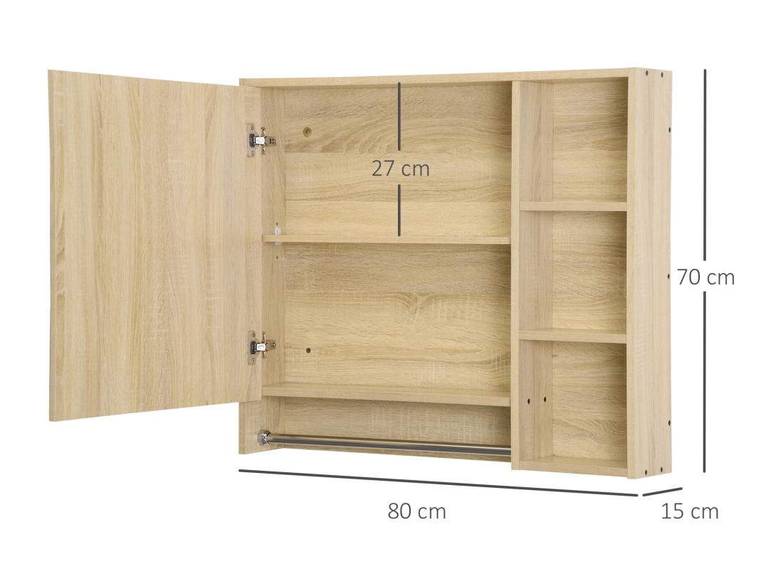 Vente Unique Armoire Miroir Murale De Salle De Bain - Porte 2 étagères 3 Niches Porte-serviette - Aspect Bois Clair