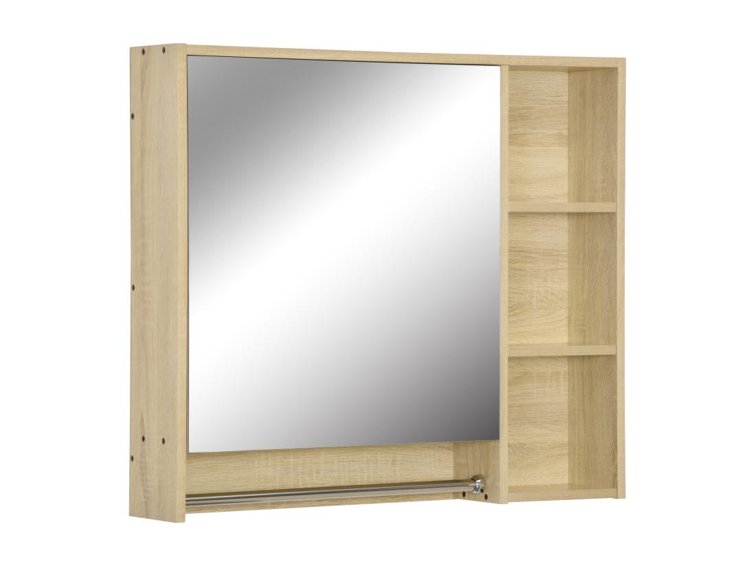 vente unique Armoire miroir murale de salle de bain - porte 2 étagères 3 niches porte-serviette - aspect bois clair