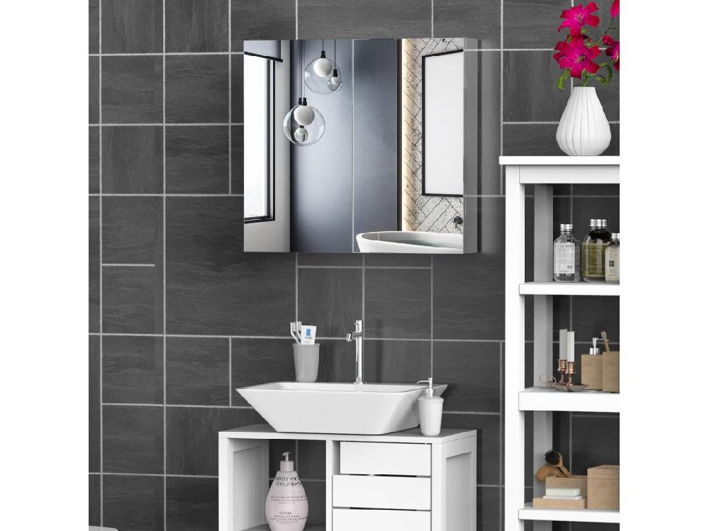 Vente Unique Armoire Miroir Rangement Toilette Salle De Bain Meuble Mural Dim. 60L X 12l X 55H Cm Acier Inox