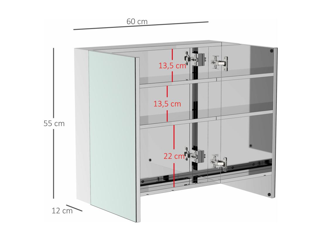 Vente Unique Armoire Miroir Rangement Toilette Salle De Bain Meuble Mural Dim. 60L X 12l X 55H Cm Acier Inox
