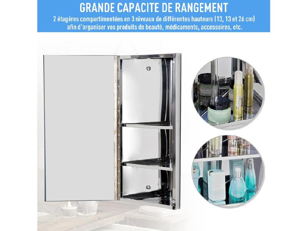 Vente Unique Armoire Miroir Salle De Bain Armoire De Toilette Murale Meuble D'angle 2 étagères Dim. 30L X 18 4l X 60H Cm Acier Inox