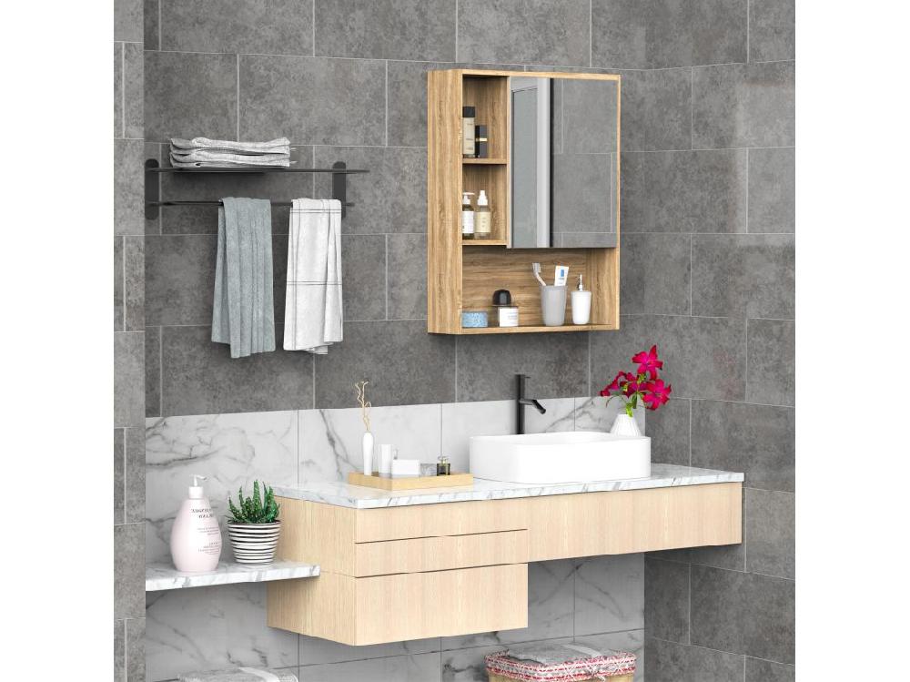 Vente Unique Armoire Murale De Rangement Salle De Bain Avec Porte Miroir Couleur Bois De Chêne Dim. 60L X 15l X H76 Cm