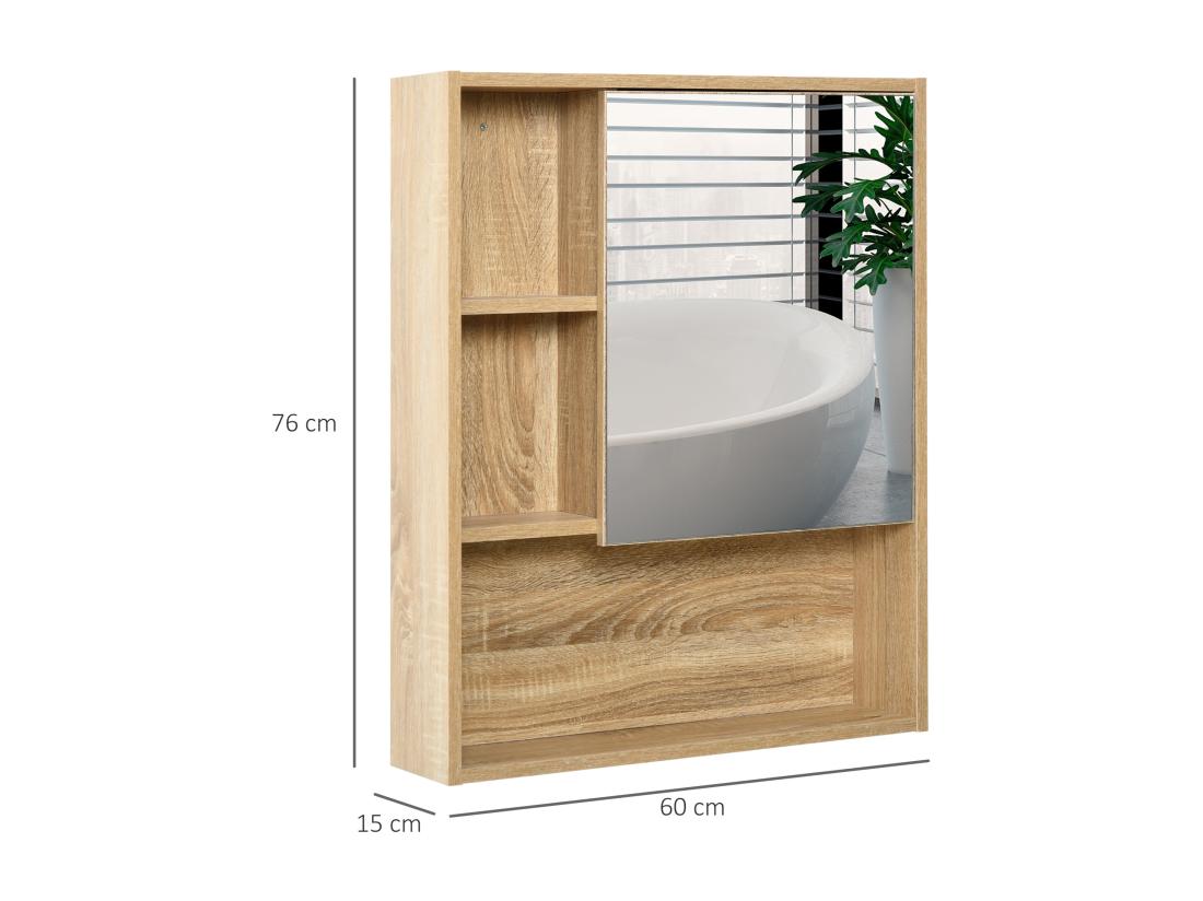 Vente Unique Armoire Murale De Rangement Salle De Bain Avec Porte Miroir Couleur Bois De Chêne Dim. 60L X 15l X H76 Cm
