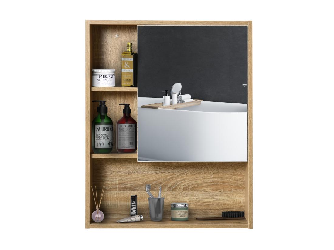 vente unique Armoire murale de rangement salle de bain avec porte miroir couleur bois de chêne dim. 60L x 15l x H76 cm