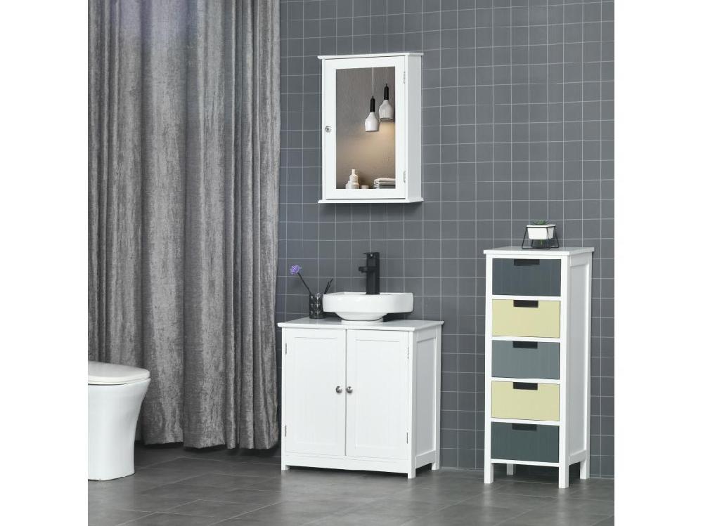 Vente Unique Armoire Murale De Salle De Bain Avec Miroir - Armoire à Glace - Placard De Rangement Toilettes - 1 Porte 2 étagères - Verre MDF Blanc