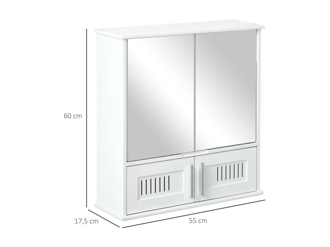 Vente Unique Armoire Murale De Salle De Bain Avec Miroir - Armoire à Glace - Placard De Rangement Toilettes - 4 Portes étagère - Verre MDF Blanc