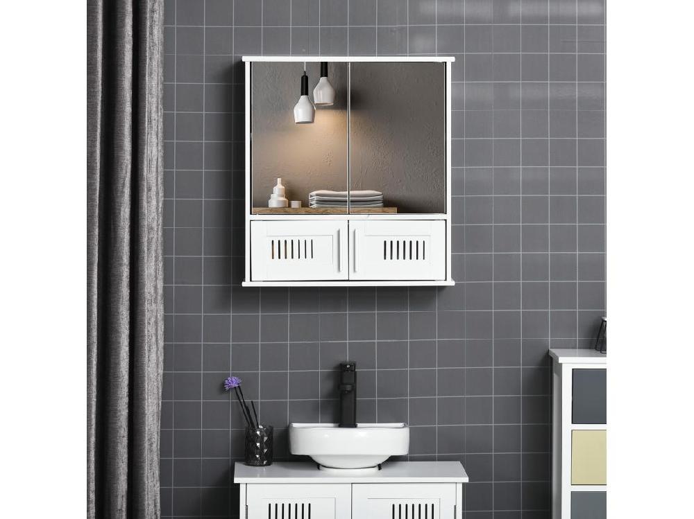 Vente Unique Armoire Murale De Salle De Bain Avec Miroir - Armoire à Glace - Placard De Rangement Toilettes - 4 Portes étagère - Verre MDF Blanc