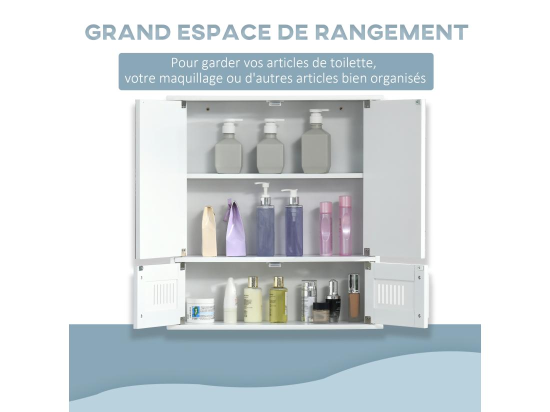 vente unique Armoire murale de salle de bain avec miroir - armoire à glace - placard de rangement toilettes - 4 portes étagère - verre MDF blanc